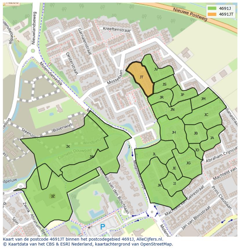 Afbeelding van het postcodegebied 4691 JT op de kaart.