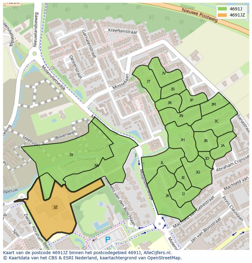 Afbeelding van het postcodegebied 4691 JZ op de kaart.