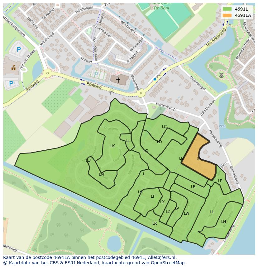Afbeelding van het postcodegebied 4691 LA op de kaart.