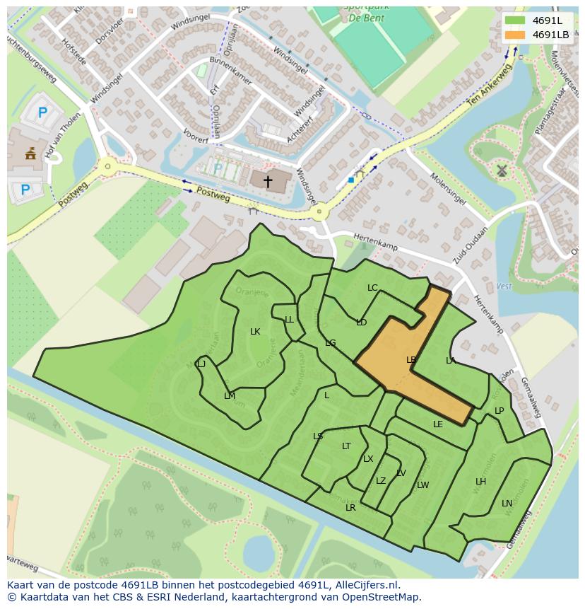 Afbeelding van het postcodegebied 4691 LB op de kaart.