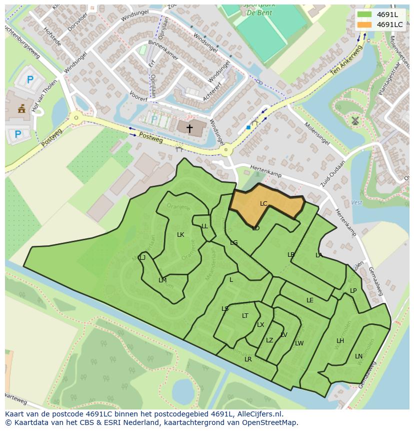 Afbeelding van het postcodegebied 4691 LC op de kaart.