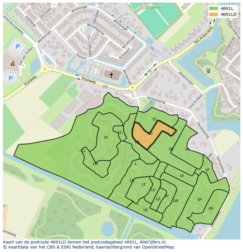 Afbeelding van het postcodegebied 4691 LD op de kaart.