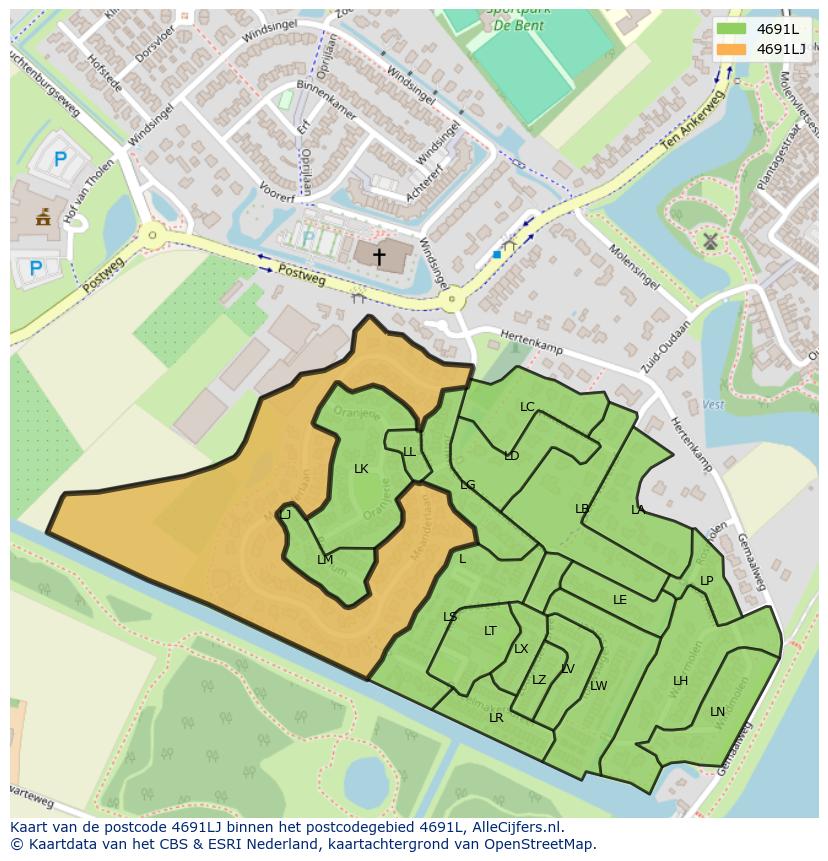 Afbeelding van het postcodegebied 4691 LJ op de kaart.
