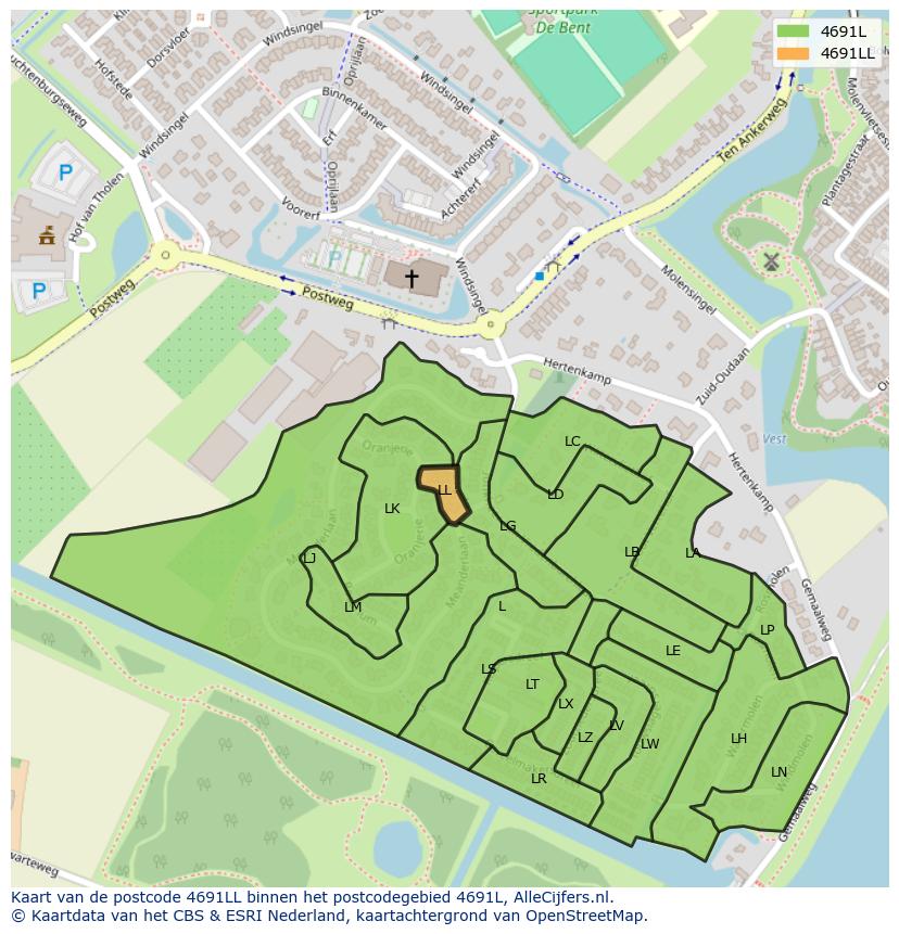 Afbeelding van het postcodegebied 4691 LL op de kaart.