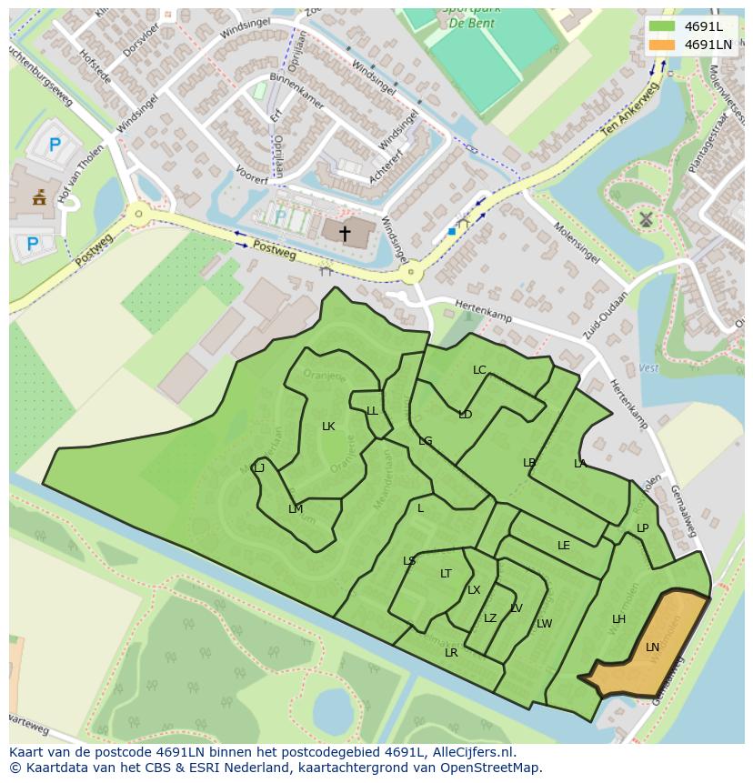 Afbeelding van het postcodegebied 4691 LN op de kaart.