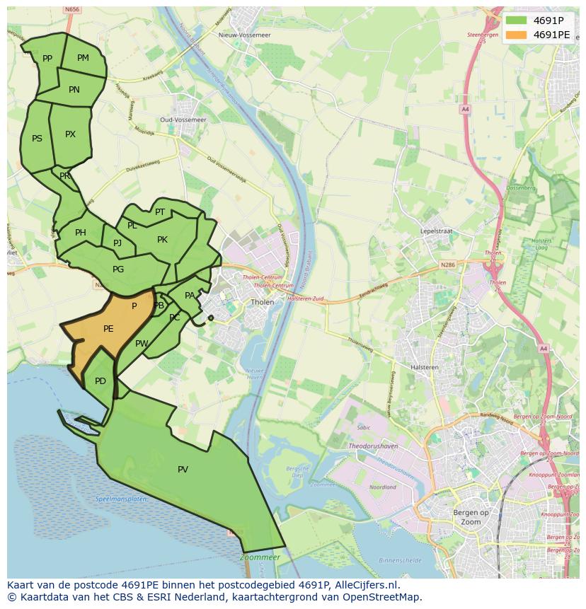 Afbeelding van het postcodegebied 4691 PE op de kaart.