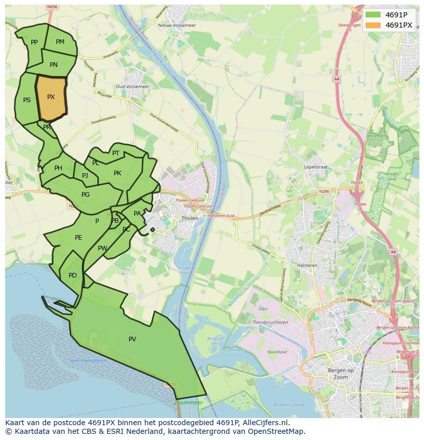 Afbeelding van het postcodegebied 4691 PX op de kaart.