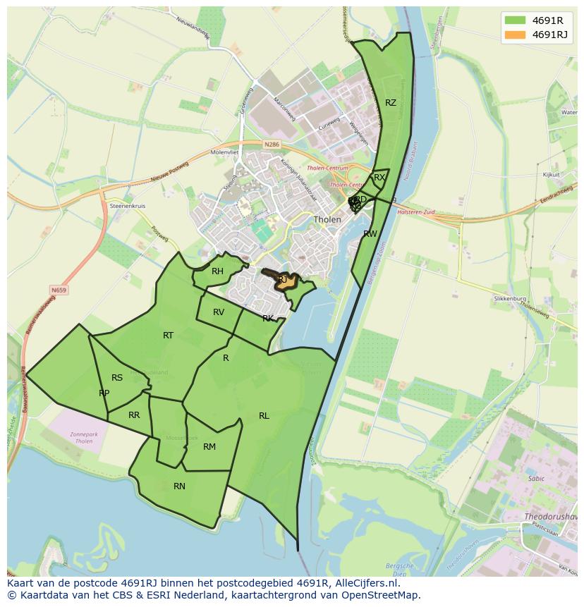 Afbeelding van het postcodegebied 4691 RJ op de kaart.