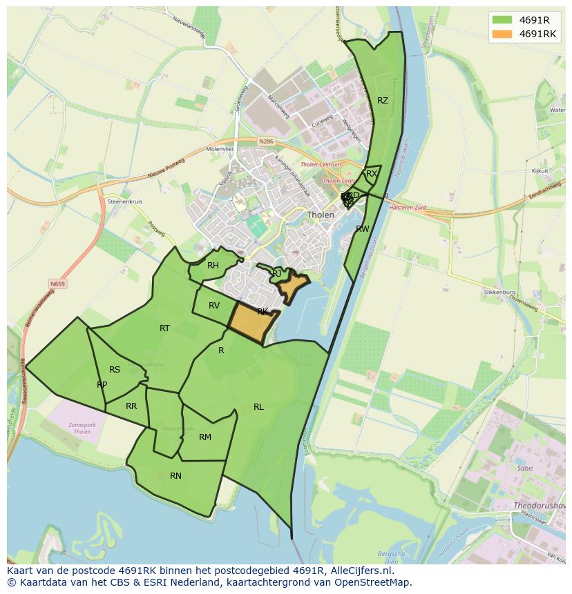 Afbeelding van het postcodegebied 4691 RK op de kaart.