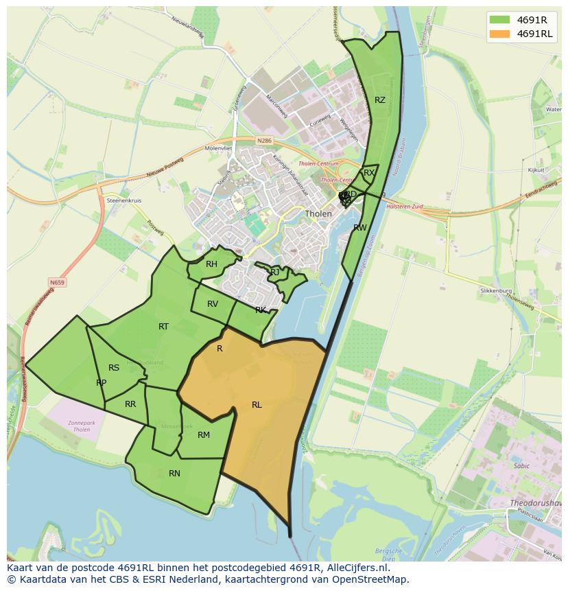Afbeelding van het postcodegebied 4691 RL op de kaart.