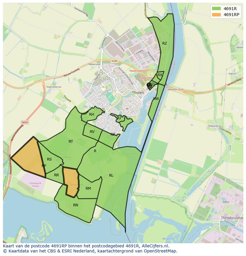 Afbeelding van het postcodegebied 4691 RP op de kaart.