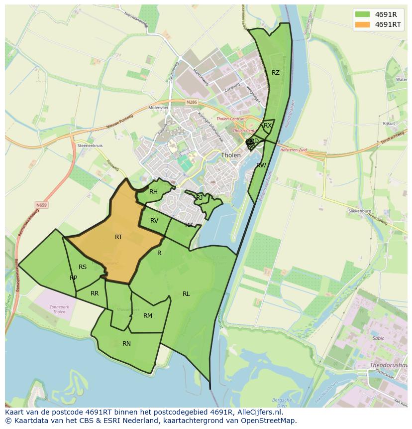 Afbeelding van het postcodegebied 4691 RT op de kaart.