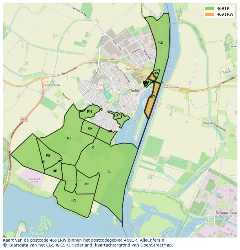 Afbeelding van het postcodegebied 4691 RW op de kaart.