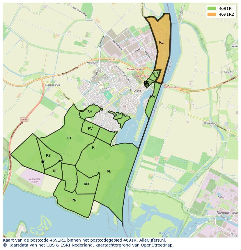 Afbeelding van het postcodegebied 4691 RZ op de kaart.