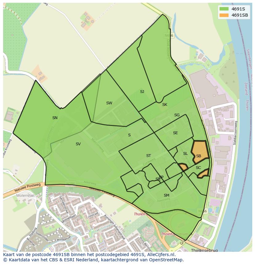 Afbeelding van het postcodegebied 4691 SB op de kaart.