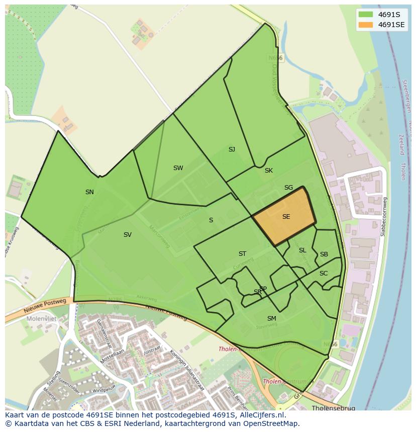 Afbeelding van het postcodegebied 4691 SE op de kaart.