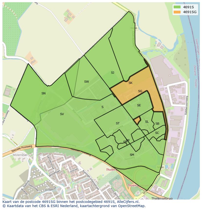 Afbeelding van het postcodegebied 4691 SG op de kaart.