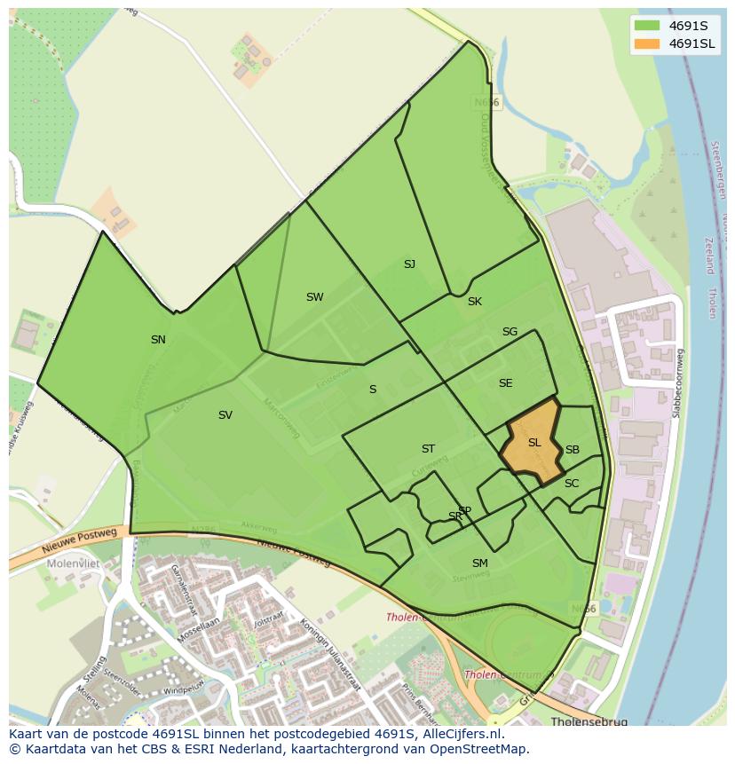 Afbeelding van het postcodegebied 4691 SL op de kaart.