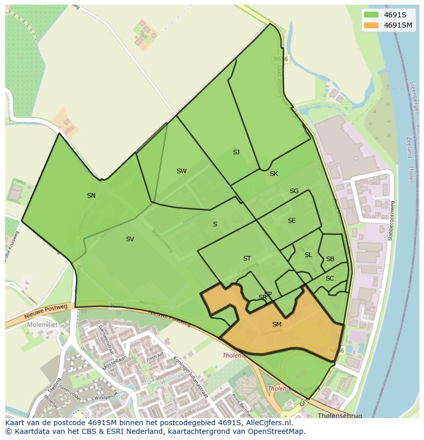Afbeelding van het postcodegebied 4691 SM op de kaart.