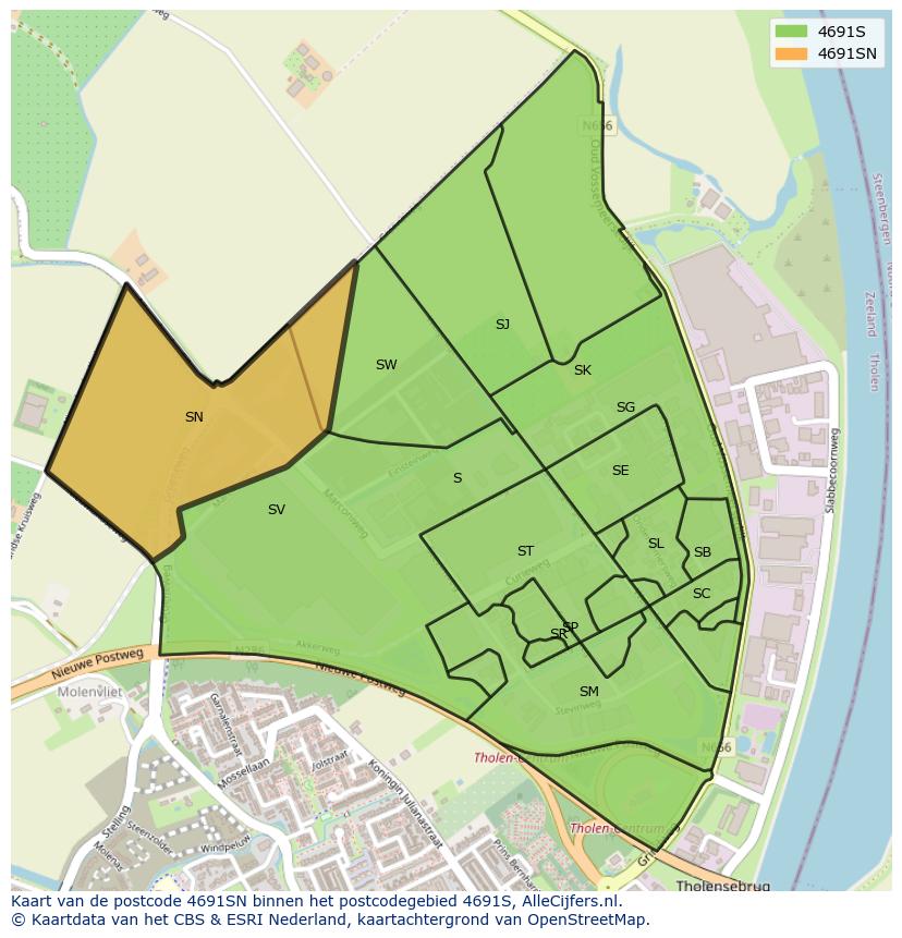 Afbeelding van het postcodegebied 4691 SN op de kaart.