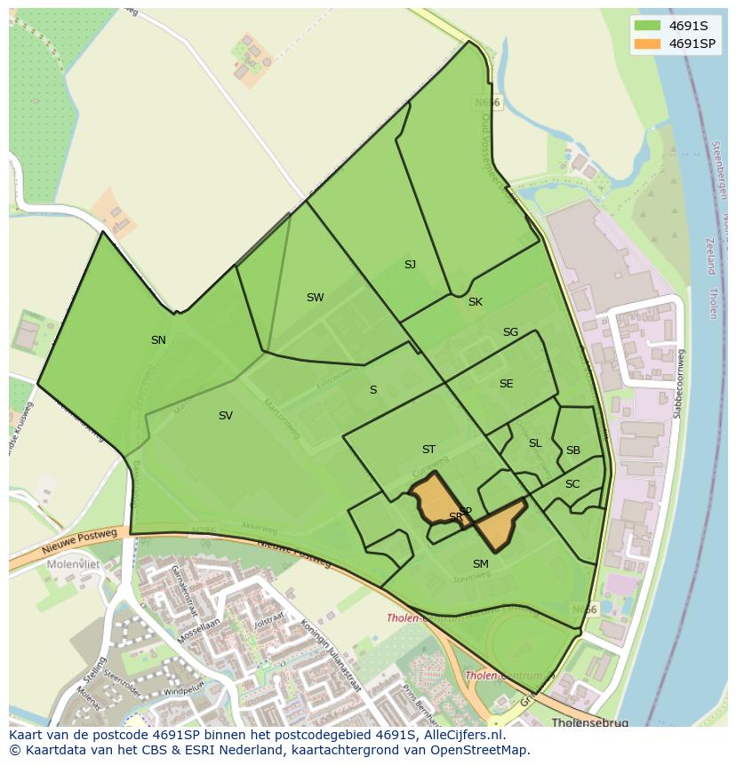 Afbeelding van het postcodegebied 4691 SP op de kaart.