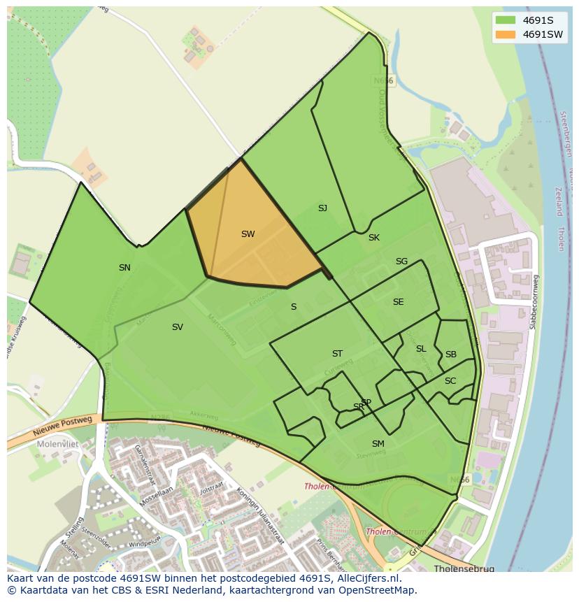 Afbeelding van het postcodegebied 4691 SW op de kaart.