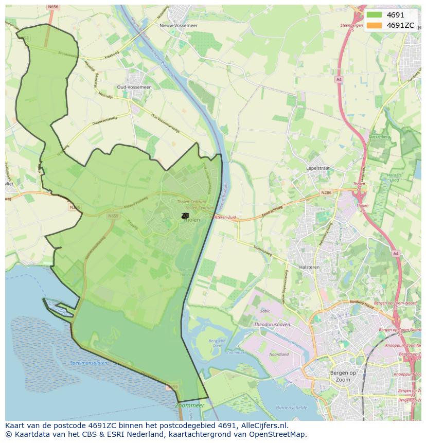 Afbeelding van het postcodegebied 4691 ZC op de kaart.