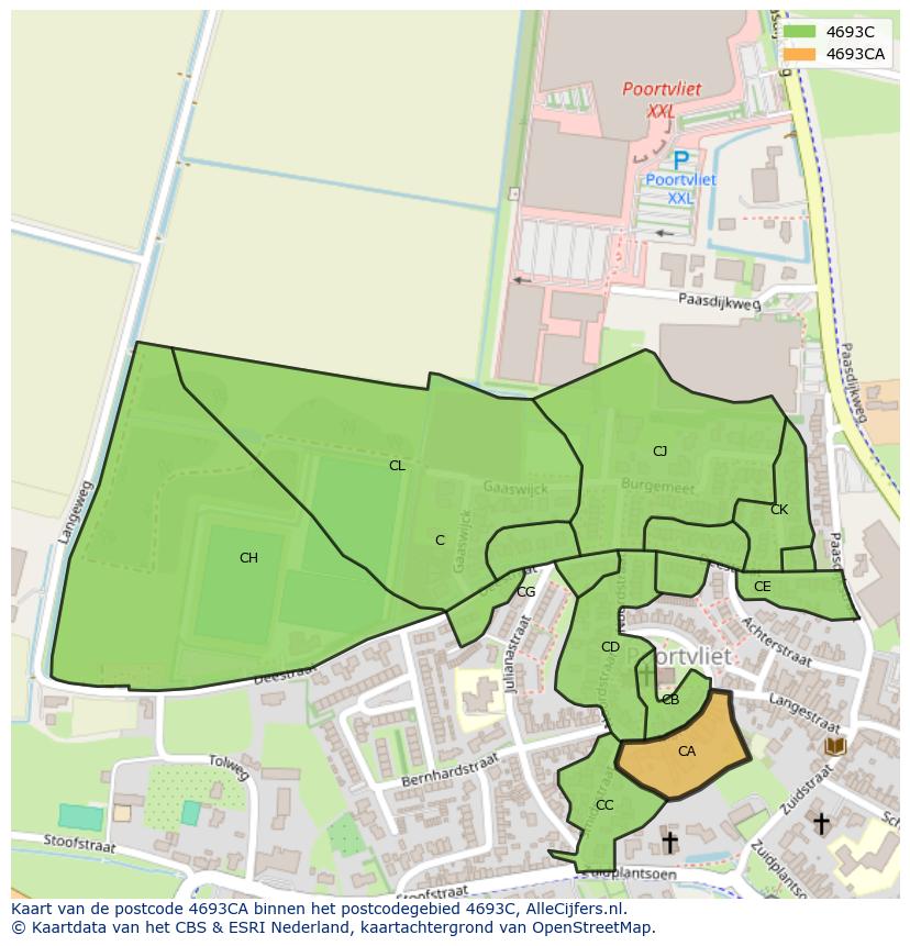 Afbeelding van het postcodegebied 4693 CA op de kaart.