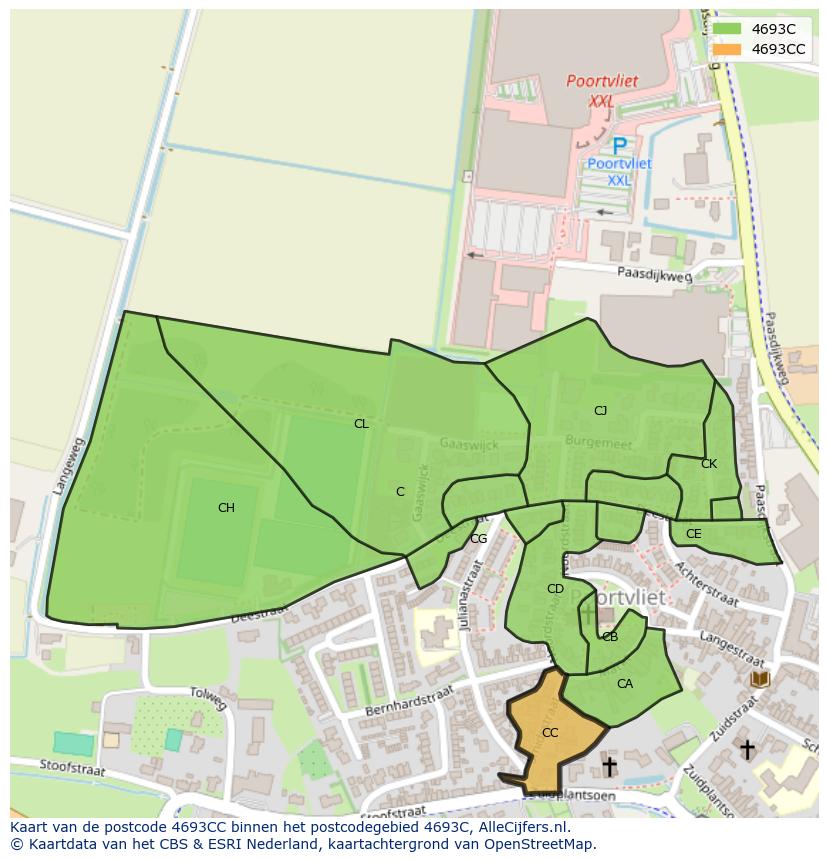 Afbeelding van het postcodegebied 4693 CC op de kaart.