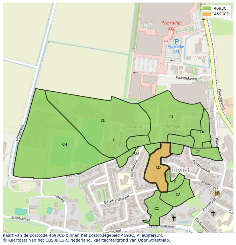 Afbeelding van het postcodegebied 4693 CD op de kaart.