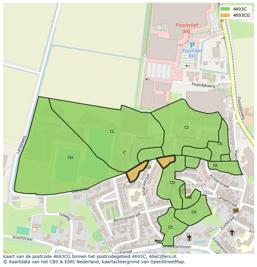 Afbeelding van het postcodegebied 4693 CG op de kaart.