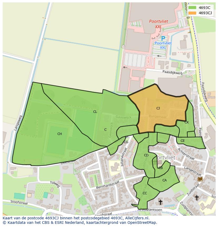 Afbeelding van het postcodegebied 4693 CJ op de kaart.