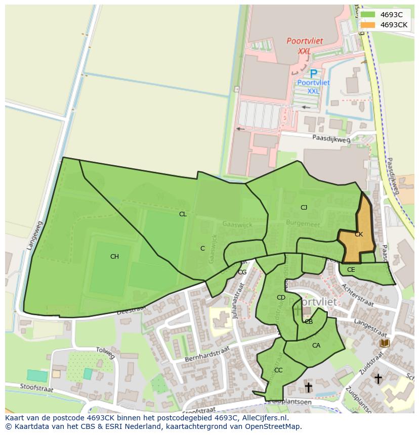 Afbeelding van het postcodegebied 4693 CK op de kaart.
