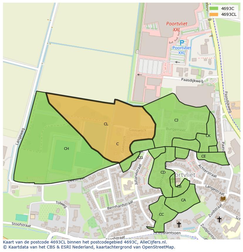 Afbeelding van het postcodegebied 4693 CL op de kaart.