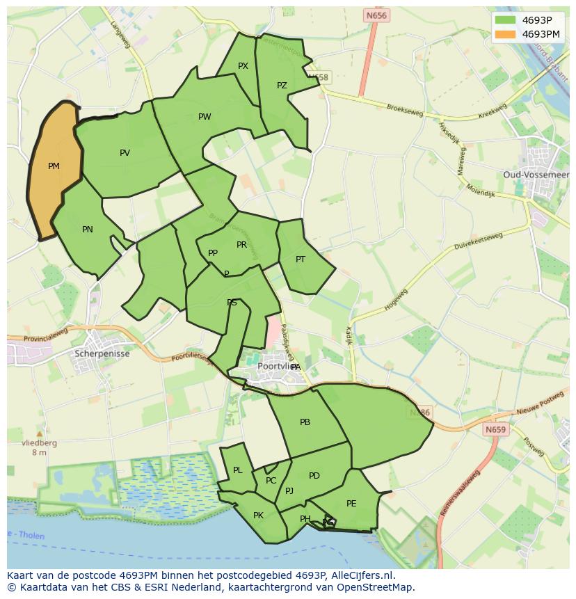 Afbeelding van het postcodegebied 4693 PM op de kaart.