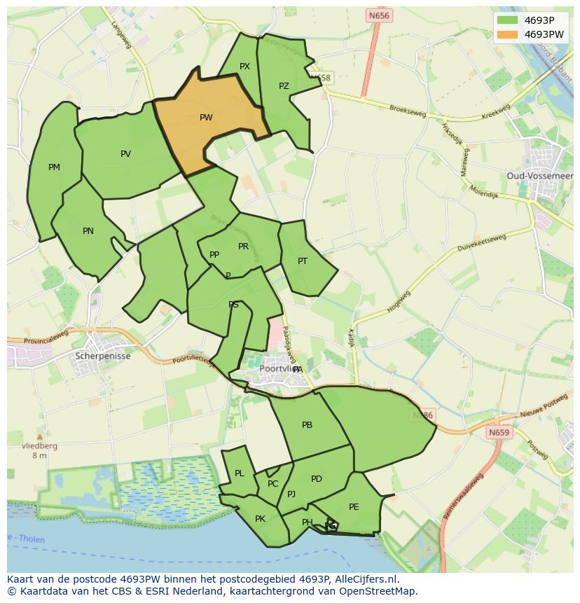 Afbeelding van het postcodegebied 4693 PW op de kaart.