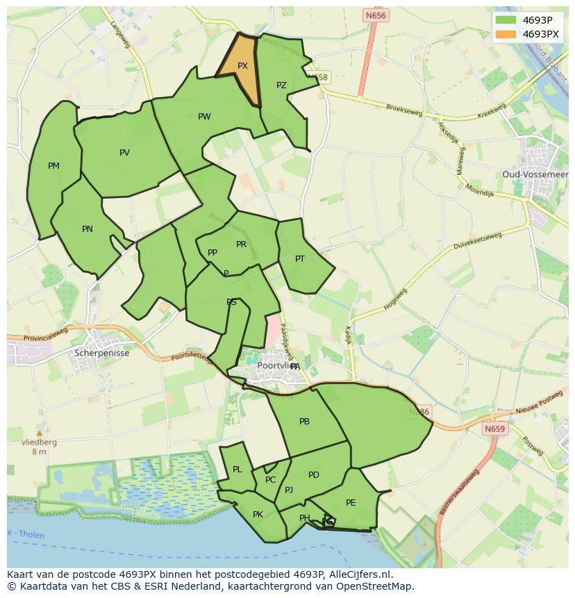 Afbeelding van het postcodegebied 4693 PX op de kaart.