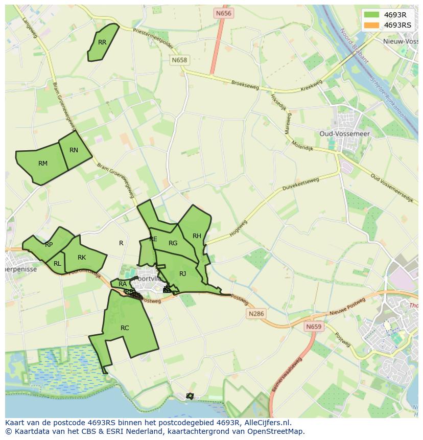 Afbeelding van het postcodegebied 4693 RS op de kaart.