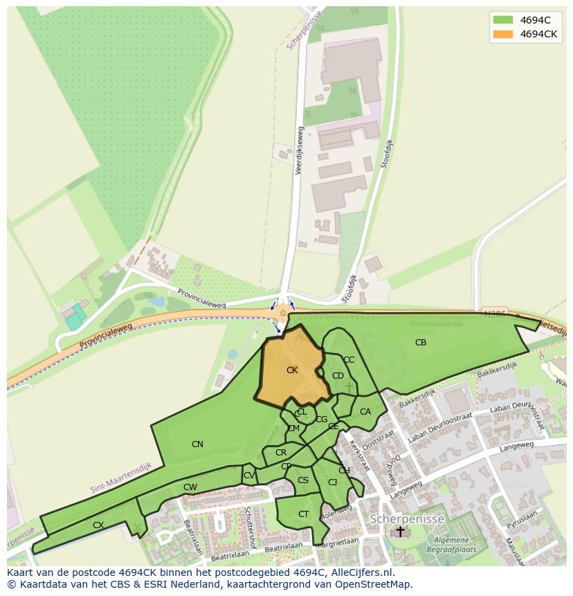 Afbeelding van het postcodegebied 4694 CK op de kaart.