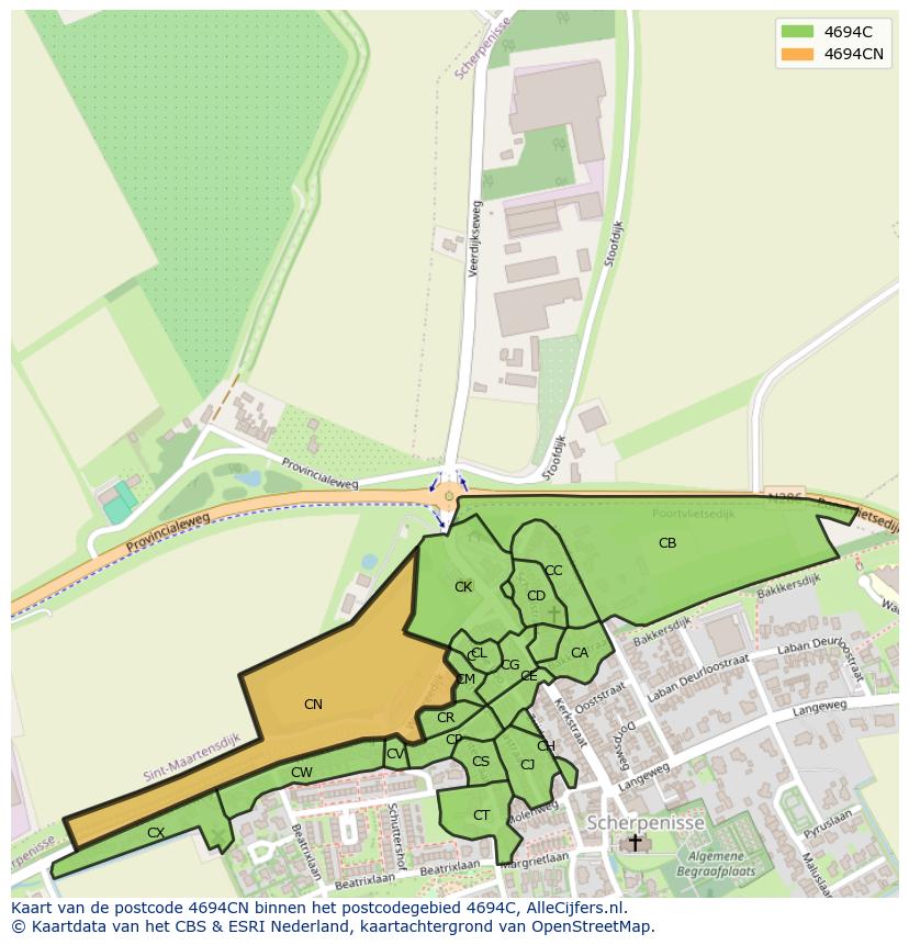 Afbeelding van het postcodegebied 4694 CN op de kaart.