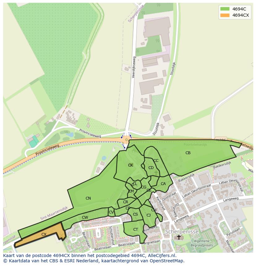 Afbeelding van het postcodegebied 4694 CX op de kaart.