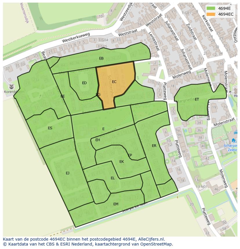 Afbeelding van het postcodegebied 4694 EC op de kaart.