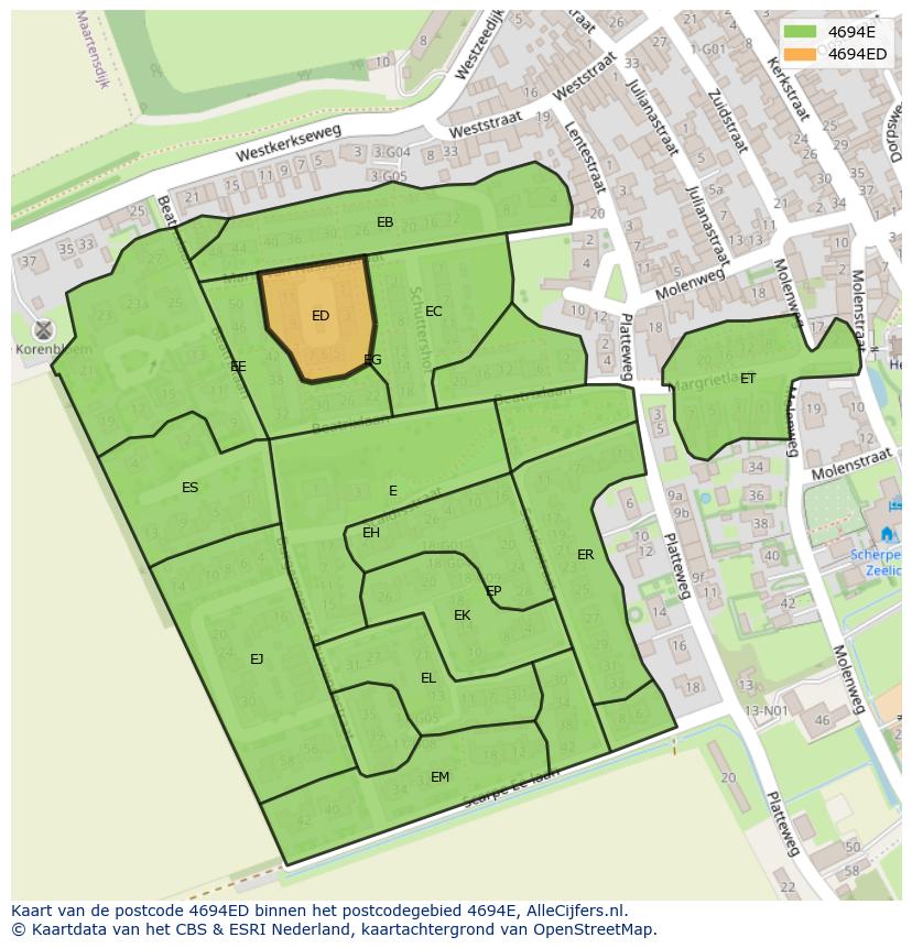 Afbeelding van het postcodegebied 4694 ED op de kaart.