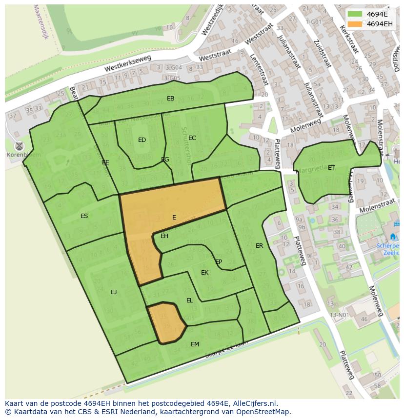 Afbeelding van het postcodegebied 4694 EH op de kaart.