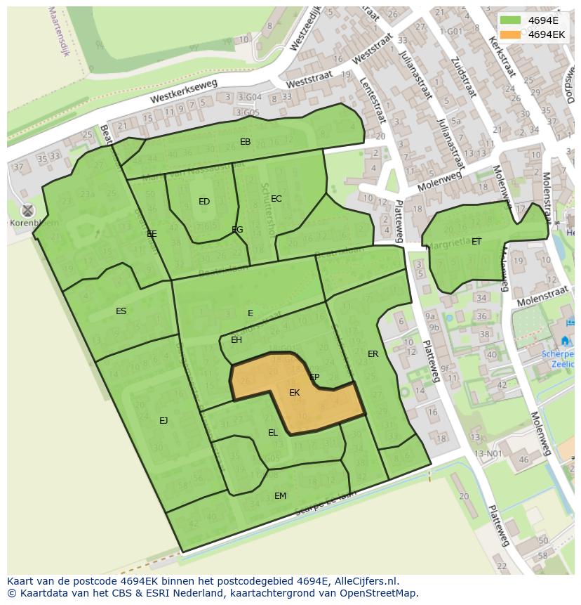 Afbeelding van het postcodegebied 4694 EK op de kaart.
