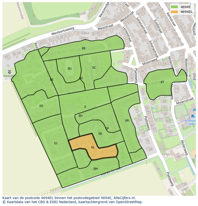 Afbeelding van het postcodegebied 4694 EL op de kaart.