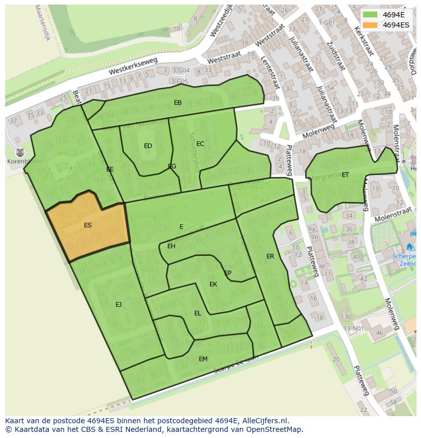 Afbeelding van het postcodegebied 4694 ES op de kaart.