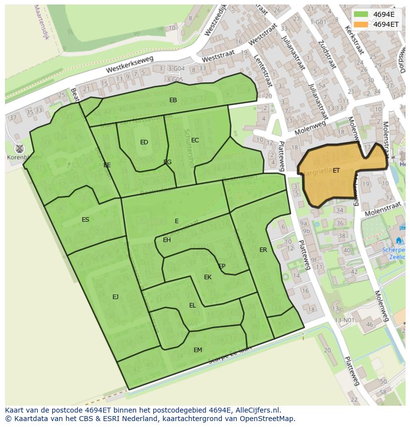 Afbeelding van het postcodegebied 4694 ET op de kaart.