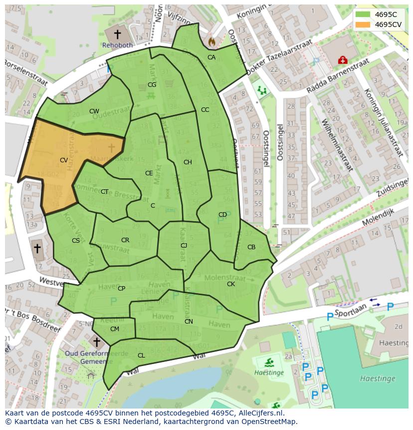 Afbeelding van het postcodegebied 4695 CV op de kaart.