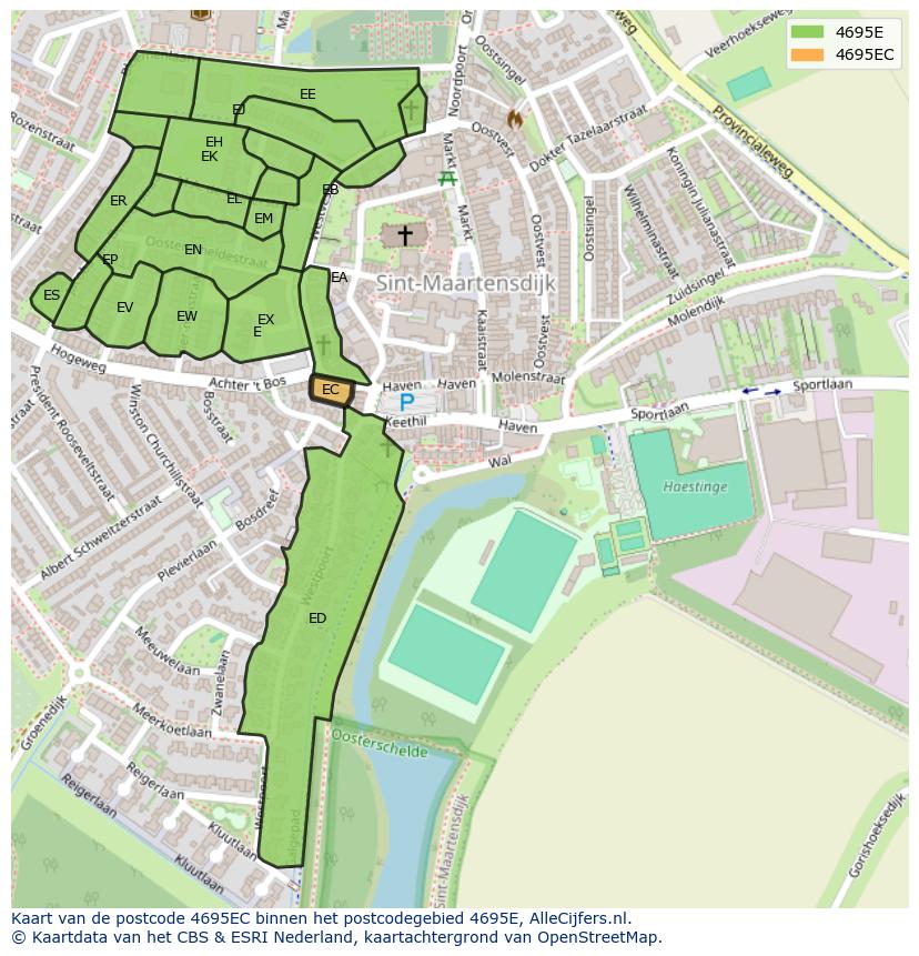 Afbeelding van het postcodegebied 4695 EC op de kaart.